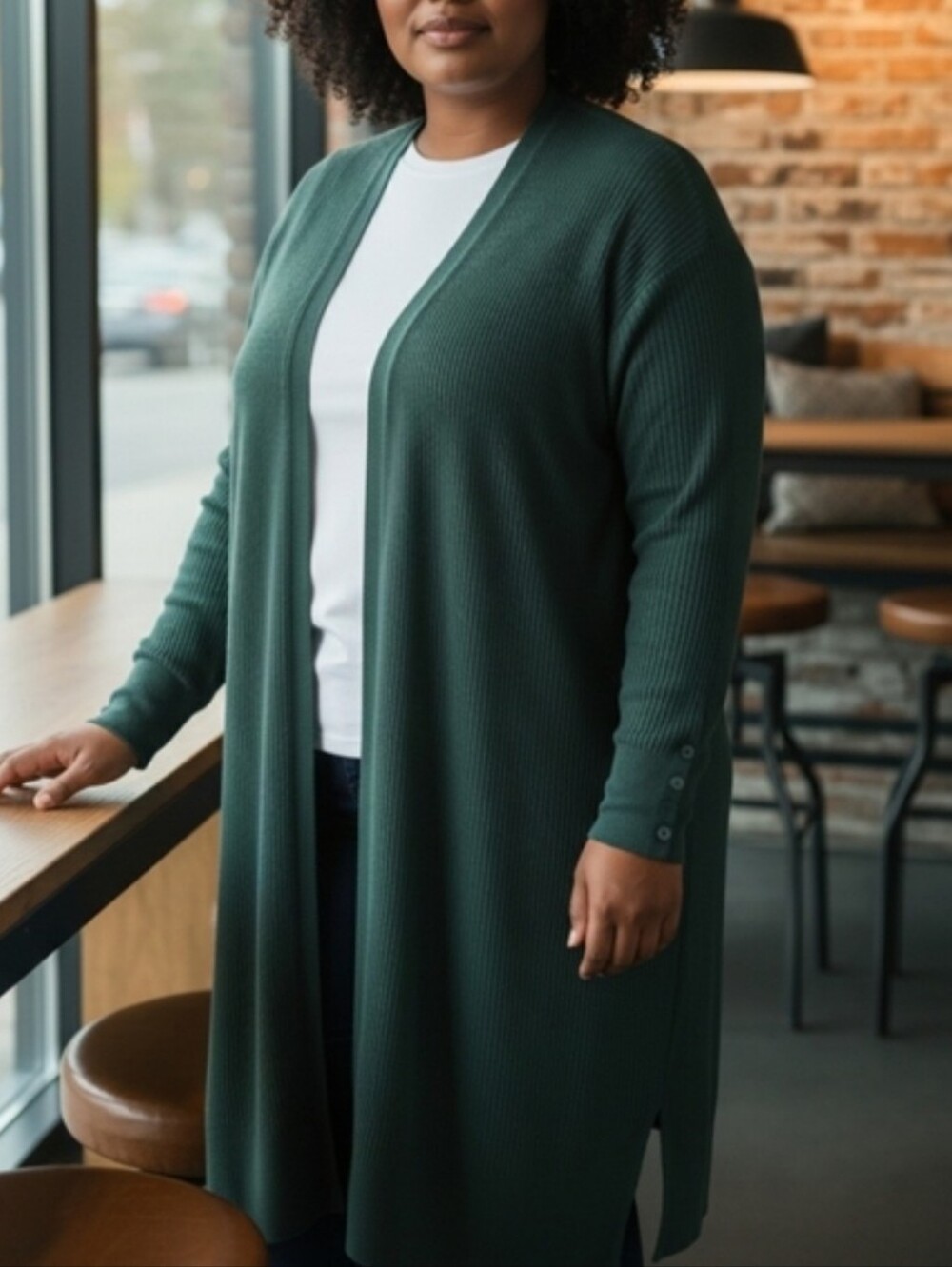 TALBOTS | Forest Green Longline Ribbed Duster Cardigan Open Front Plus | 1X - Picture 11 of 12